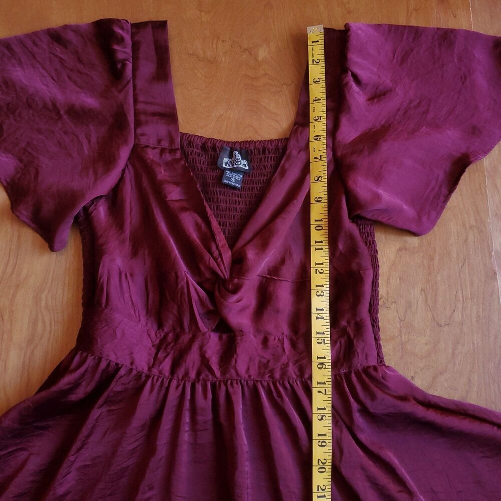 Angie Satin Mini Dress M Burgundy Smocked Angel Sleeve Whimsigoth Fairy Grunge - Picture 11 of 11
